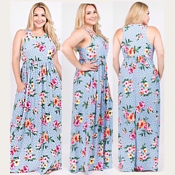 Floral Print Polka Dot Blue Maxi Dress 1X 2X 3X - Picture 2 of 8